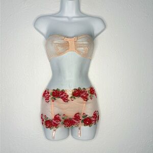 Victoria's Secret Peach Lace Bandeau with Red Floral Accents